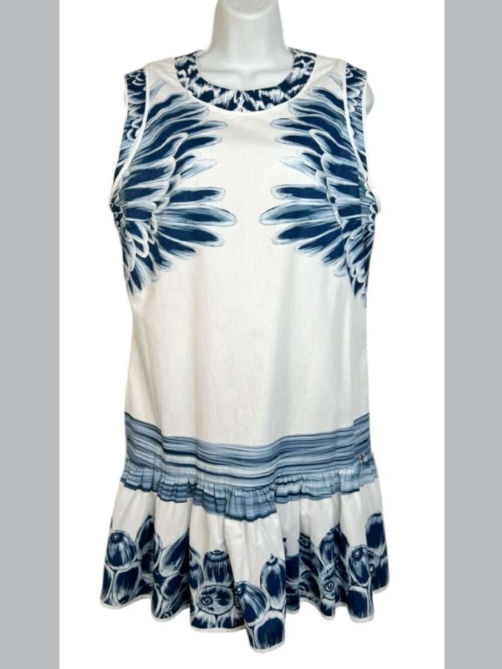 Agua de Coco Floral Mini Dress Ruffle Sleeveless resort Vacation White Blue L